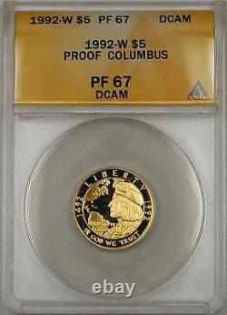 1992-w Preuve Columbus Pièce Commémorative D'or 5 $ Anacs Pf 67 Preuve Dcam