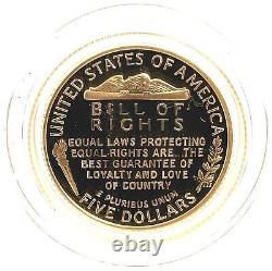 1993W Madison Bill of Rights $5 Gold Five Dollar Proof Boîte commémorative et COA