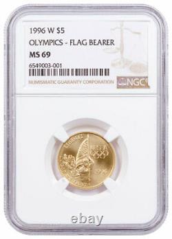 1996 W Olympics Drapeau Porteur $5 Gold Commemorative Coin Ngc Ms69 Brown Label