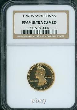 1996-w Pièce commémorative en or de 5 $ du Smithsonian Ngc Pr69 Pr-69 Cameo Proof Pf69