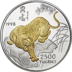 1998 Mongolie Année Du Tigre Lunar Zodiac 5 Oz Silver Proof Coin Gold Gilded