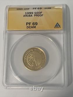 1999 Aruba 100 Florin Gold Coin Anacs Pf69dcam Pf-69dcam Preuve De Faible Teneur