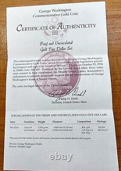 1999-W WASHINGTON 200e ANNIVERSAIRE 2-MONNAIES $5 EN OR PROOF ET UNC AVEC OGP