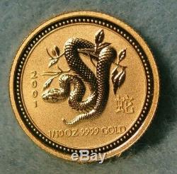 2001 Perth Mint Australie 15 $ 1/10 Oz Or Lunaire Année Du Serpent Bu Coin # 4241