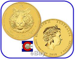 2010 Lunar Tiger 1/20 Oz 5 $ Pièce D'or, Série Ii, Perth Mint En Australie