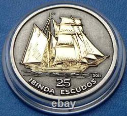 2011 Cabinda Angola 3d Silver Coin Voilier Bateau Or Gilded 25 Escudos Rare