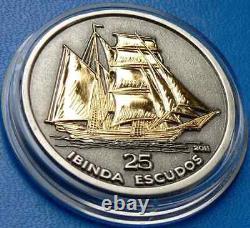 2011 Cabinda Angola 3d Silver Coin Voilier Bateau Or Gilded 25 Escudos Rare