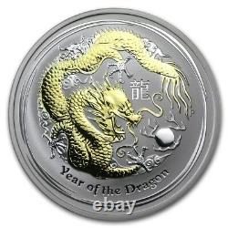 2012 Dragon Lunar Perth Mint Australia $ 1 Oz Silver Coin Gilded Box & Coa