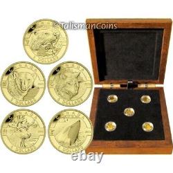 2013 O Canada Complete 5 Coin $5 1/10 Oz Gold Proof Set Wolf Orca In Wood Case