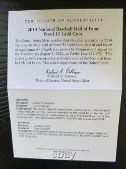 2014 Pièce de monnaie en or de 5 $ de la salle de la renommée nationale du baseball W avec boîtier et certificat d'authenticité