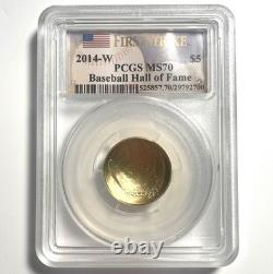 2014-W 5 $ Or Commémoratif Hall of Fame du Baseball Étiquette First Strike PCGS MS70