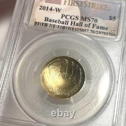 2014-W 5 $ Or Commémoratif Hall of Fame du Baseball Étiquette First Strike PCGS MS70