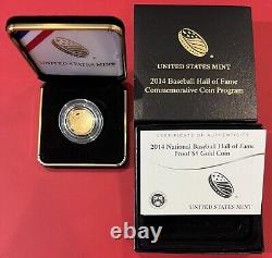 2014-W 5 $ pièce commémorative en or Baseball Hall of Fame de la Monnaie des États-Unis, boîte OGP et certificat d'authenticité