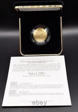 2014-W Pièce d'or de 5 dollars du Temple de la renommée du baseball, preuve de la Monnaie des États-Unis avec certificat d'authenticité