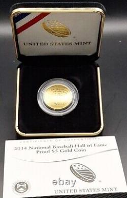 2014-W Pièce d'or de 5 dollars du Temple de la renommée du baseball, preuve de la Monnaie des États-Unis avec certificat d'authenticité