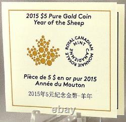 2015 5 $ Year Of The Sheep, 1/10 Oz Pure Gold Specimen Coin, Canadian Bighorn