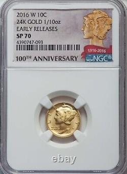 2016-W 1/10 oz Or Centenaire Dime Mercure LANCEMENT ANTICIPÉ NGC SP70