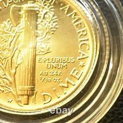 2016-W 1/10 oz Or Gold Mercury Dime Centennial (avec OGP) Pièce Rare et Magnifique