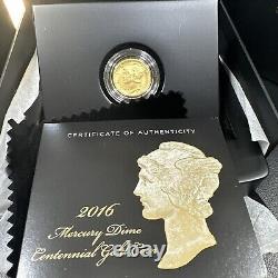2016-W 1/10 oz Or Gold Mercury Dime Centennial (avec OGP) Pièce Rare et Magnifique