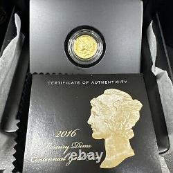 2016-W 1/10 oz Or Gold Mercury Dime Centennial (avec OGP) Pièce Rare et Magnifique