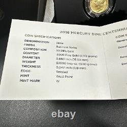 2016-W 1/10 oz Or Gold Mercury Dime Centennial (avec OGP) Pièce Rare et Magnifique