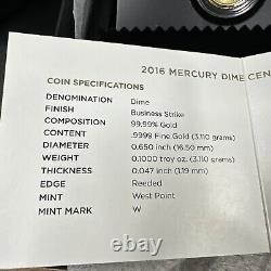 2016-W 1/10 oz Or Gold Mercury Dime Centennial (avec OGP) Pièce Rare et Magnifique