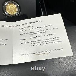 2016-W 1/10 oz Or Gold Mercury Dime Centennial (avec OGP) Pièce Rare et Magnifique