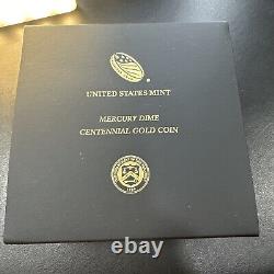 2016-W 1/10 oz Or Gold Mercury Dime Centennial (avec OGP) Pièce Rare et Magnifique
