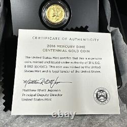 2016-W 1/10 oz Or Gold Mercury Dime Centennial (avec OGP) Pièce Rare et Magnifique