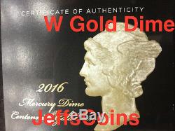 2016 W Mercury Dime Centennial Gold Coin 10 ¢ Ongecirculeerd 16xb. 9999 24k 1916