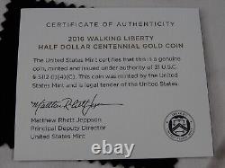 2016-W Pièce de 50 cents Walking Liberty 1/2 oz Or Commemorative Boîte COA Monnaie des États-Unis