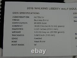 2016-W Pièce de 50 cents Walking Liberty 1/2 oz Or Commemorative Boîte COA Monnaie des États-Unis