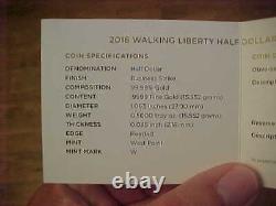 2016 Walking Liberty Demi-dollar Or Pièce 9999 Or Fine Demi-oz Orig Mint Pkg