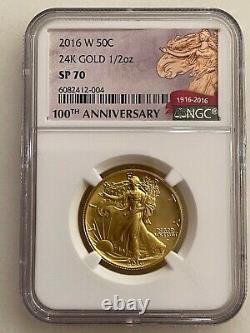 2016-w 100e Anniversaire Ngc Sp70 Or 50c Walking Liberty 24k 1/2 Once Pièce