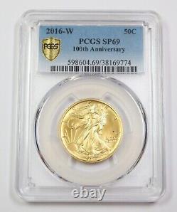 2016-w Pcgs Sp69 1/2 Oz 24k 100e Anniversaire Gold Us Eagle 50c Us Coin 38646b