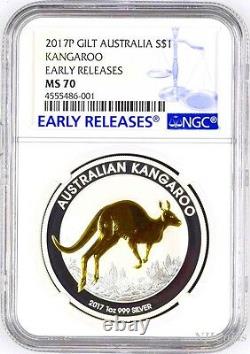 2017 P Australie Gilded Argent Kangaroo Ngc Ms 70 1 Oz Coin Withogp Gilt Er Label
