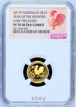 2017 P Australie Proof Gold $15 Lunar Year Rooster Ngc Pf70 1/10 Oz Coin Er