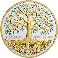 2018 Arbre De Vie 1oz Argent Pur Preuve Plaqué Or 20 $ Coin Du Canada