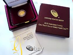 2018-W 10 $ Preuve 1/10 oz Ounce Un-Dixième Solide. 9999 Or Monnaie Américaine de la Liberté