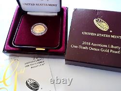 2018-W 10 $ Preuve 1/10 oz Ounce Un-Dixième Solide. 9999 Or Monnaie Américaine de la Liberté