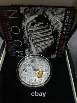 2019 Nasa Homme Sur La Lune High Relief Domed 2 Oz Silver Coin Apollo 11 Plaqué Or