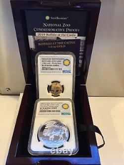 2019 Smithsonian Zoo Buffalo 1/4 Oz Gold & Silver Set Médaille Ensemble De Scarce Ngc Pf70