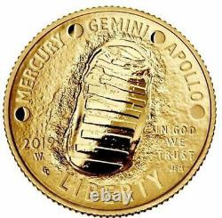 2019-W Apollo 11 50ème anniversaire pièce d'or de 5$ non circulée avec boîtier d'origine et certificat d'authenticité non ouvert