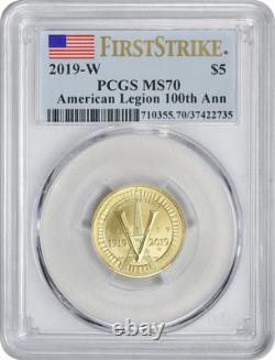 2019-W Légion Américaine 100e Anniversaire 5 $ Or MS70 Premier Frappé PCGS