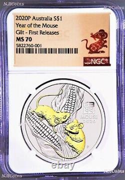 2020 Australie Doré Silver Lunar Year Of The Mouse Ngc Ms70 1oz $1 Coin Gilt