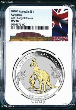 2020 P Australie Gilde Argent Kangaroo Ngc Ms 70 1oz Pièce Avec Gopp Doré Er-a Label