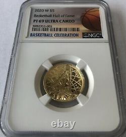 2020 W $5 Basketball Hall Of Fame Gold Proof Coin Ngc Pf69 Uc Avec Ogp & Coa L? K