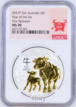 2021 Australie Gilded Silver Lunar Year Of The Ox Ngc Ms 70 1oz Coin Fr Gilt