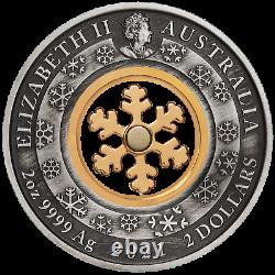 2021 Christmas Wonderland 2 $ 2 Oz Argent Antiqued Coin 24k Plaqué Or Flocon De Neige