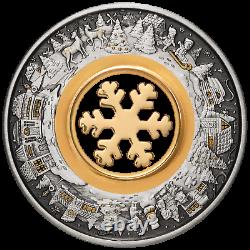 2021 Christmas Wonderland 2 $ 2 Oz Argent Antiqued Coin 24k Plaqué Or Flocon De Neige